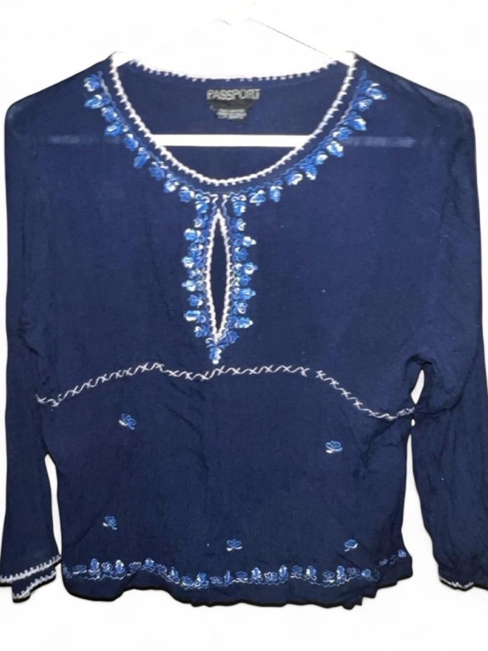 Y2K Passport Navy Blue Embroidered Blouse Peek-A-Boo Hippie Style size L